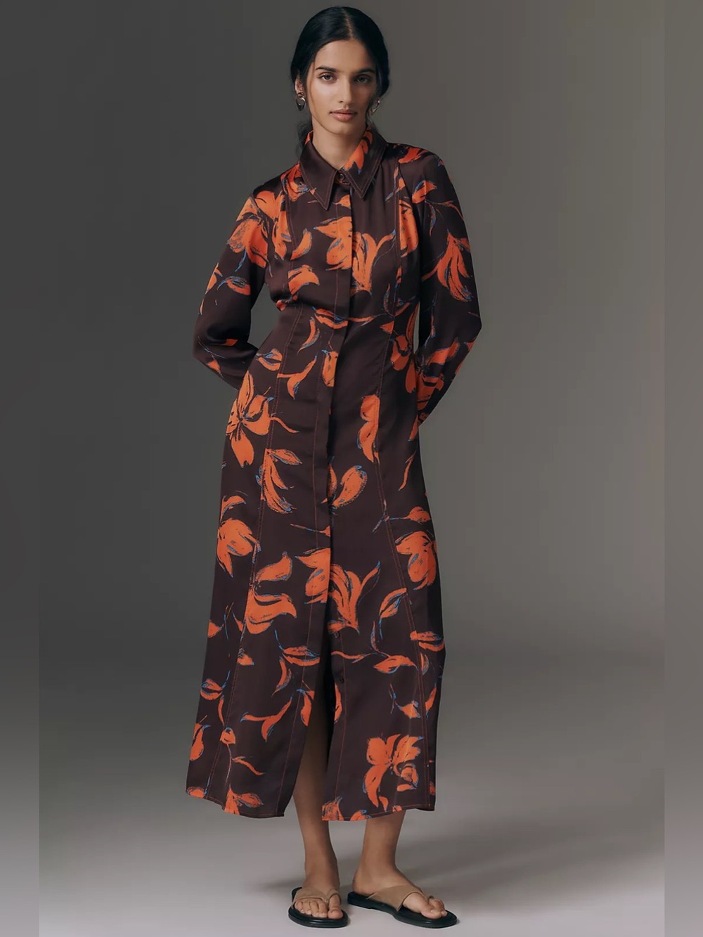 Anthropologie Exquise Long-Sleeve Satin Shirt Dress